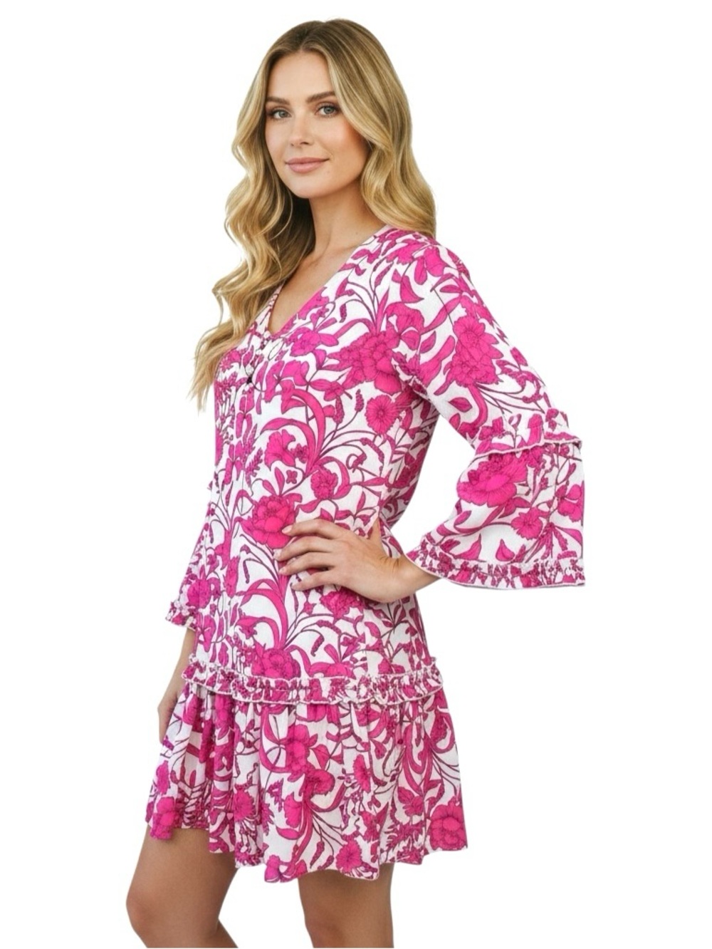 Flying Tomato Dress Fuchsia Floralp Print Bell Sleeves Tiered Sz S